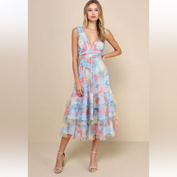 Lulu's Blue and Pink Tiered Maxi Sundress for Weddings - Picture 2 of 14